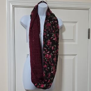 Double-sided Knit Burgundy and Floral Infinity Scarf